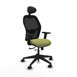Silla de oficina Alocén con mecanismo Sincro/Traslack tapizada con Tela color Verde oliva y malla color Negro. Equipada con lumbar 1D, Brazos 2D, Cabecero Fijo y Ruedas 65mm nailon