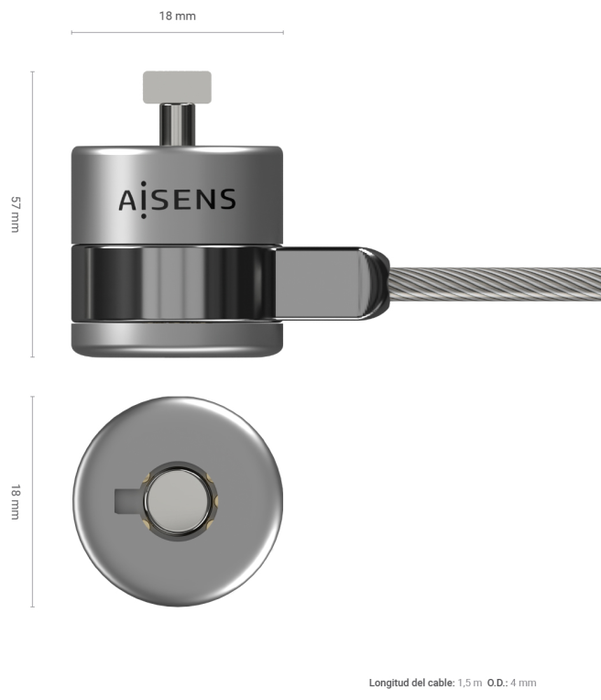 Aisens Cable de Seguridad con Cerradura de Llave 1.5m ASLK-D40K02-SL en Plata