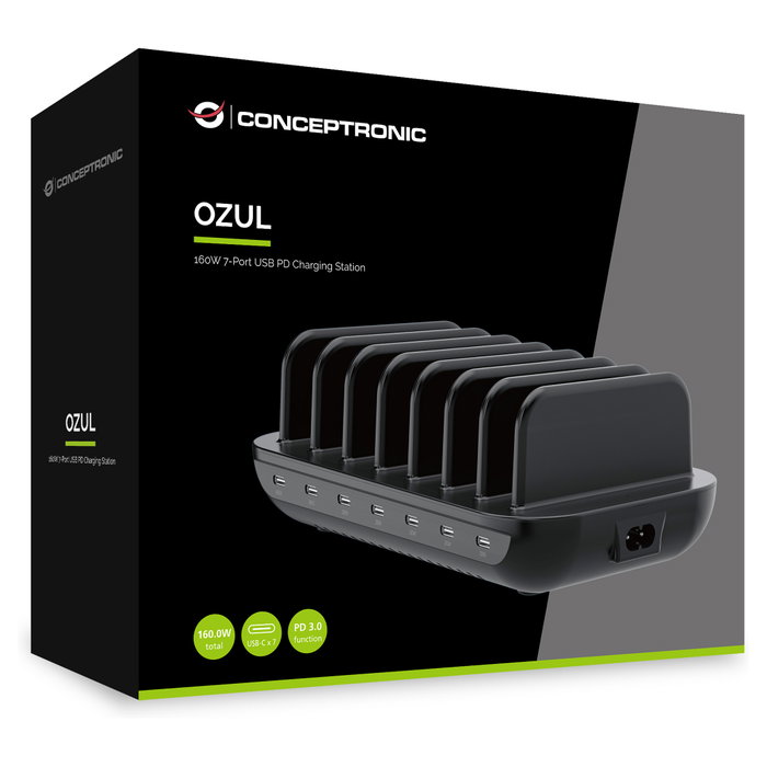 Conceptronic Estación de carga USB 160W OZUL07B con 7 puertos USB-C
