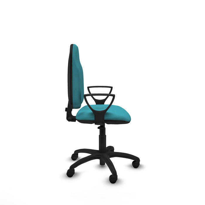Silla de oficina Algarra con mecanismo Contacto permanente básico tapizada con Tela color Turquesa. Equipada con Base poliamida negra, Brazos fijos y Ruedas de nailon 50 mm