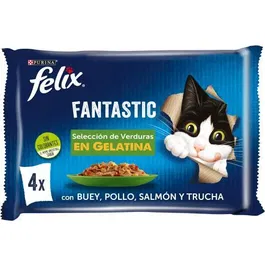 Purina Felix Fantastic Selección De Verduras, Comida Húmeda Para Gatos Con Trocitos En Gelatina, 12 Paquetes De 4 Sobres 85g