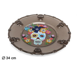 atosa Plato Decorativo de 34 cm con Calavera de la Muerte Mexicana y Flores