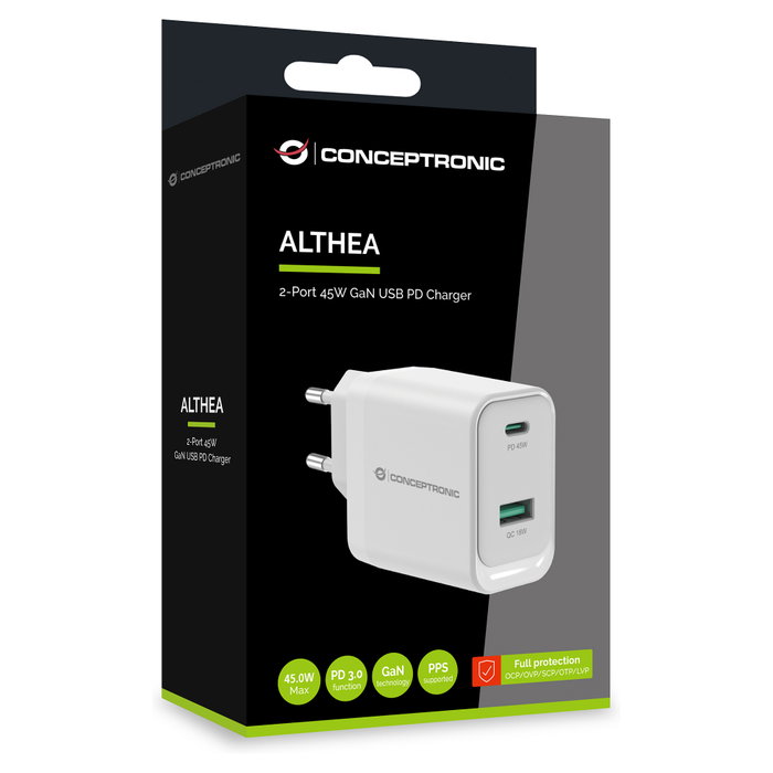 Conceptronic ALTHEA20W45 Cargador de Pared 45W USB-C y USB-A Blanco