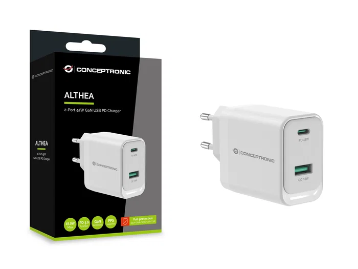Cargador de pared quick charge 3.0 pd pps 1 puerto usb-c 1 puerto usb-a conceptronic althea 45w