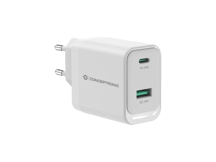 Cargador de pared quick charge 3.0 pd pps 1 puerto usb-c 1 puerto usb-a conceptronic althea 45w