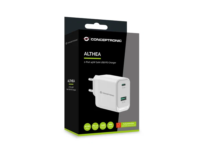 Conceptronic ALTHEA20W45 Cargador GaN de 45W con 2 Puertos USB-C y USB-A Conceptronic ALTHEA20W45 Cargador GaN de 45W con 2 Puertos USB-C y USB-A