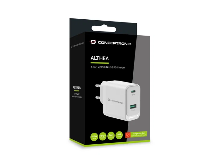 Cargador de pared quick charge 3.0 pd pps 1 puerto usb-c 1 puerto usb-a conceptronic althea 45w
