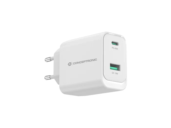 Cargador de pared quick charge 3.0 pd pps 1 puerto usb-c 1 puerto usb-a conceptronic althea 45w