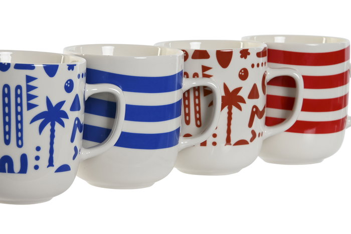 DKD Home Decor Taza Porcelana Boho Azul Rojo 380ml Apto Microondas y Lavavajillas 8.5 x 10 x 12 cm (4 Unidades)