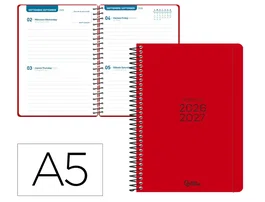 Liderpapel Agenda Escolar 2026-2027 Espiral Básica A5 Bilingüe, 2 Días por Página, Color Rojo, Papel FSC 70g