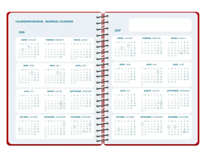 Liderpapel Agenda Escolar 2026-2027 Espiral Básica A5 Bilingüe, 2 Días por Página, Color Rojo, Papel FSC 70g