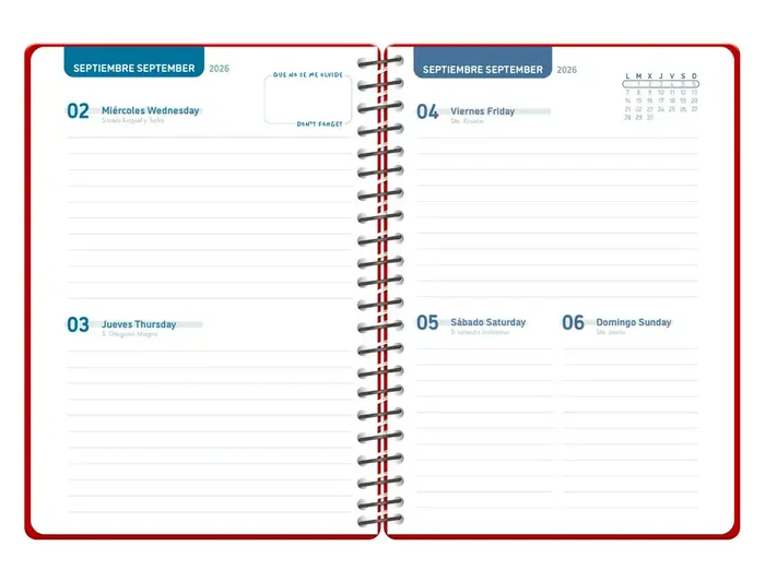 Liderpapel Agenda Escolar 2026-2027 Espiral Básica A5 Bilingüe, 2 Días por Página, Color Rojo, Papel FSC 70g