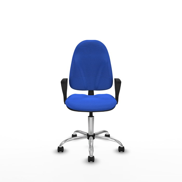 Silla de oficina Algarra con mecanismo Contacto permanente básico tapizada con Tela color Azul. Equipada con Base cromada, Brazos fijos y Ruedas autofrenantes