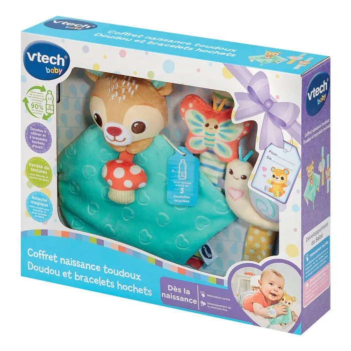 Vtech Baby Set de Regalo para Recién Nacido Toudoux Peluche y Pulseras Sonajero, Multicolor (VT3417765874659) - Botellas de Plástico Recicladas