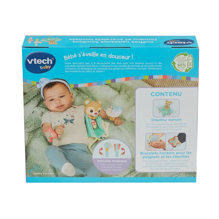 Vtech Baby Set de Regalo para Recién Nacido Toudoux Peluche y Pulseras Sonajero, Multicolor (VT3417765874659) - Botellas de Plástico Recicladas