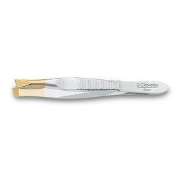 Tres Claveles Pinza Sesgada Ancha P.Oro 8 cm Acero Carbono con Apoya Dedos para Depilar