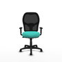 Silla de oficina Alocén con mecanismo Sincro tapizada con Similpiel color Turquesa y malla color Negro. Equipada con lumbar 1D, Brazos 1D y Ruedas de nailon 50 mm