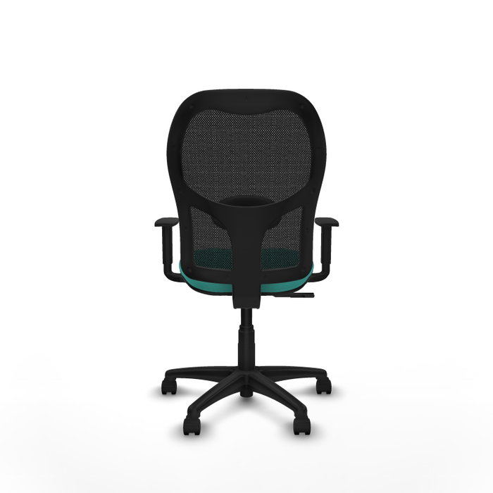 Silla de oficina Alocén con mecanismo Sincro tapizada con Similpiel color Turquesa y malla color Negro. Equipada con lumbar 1D, Brazos 1D y Ruedas de nailon 50 mm