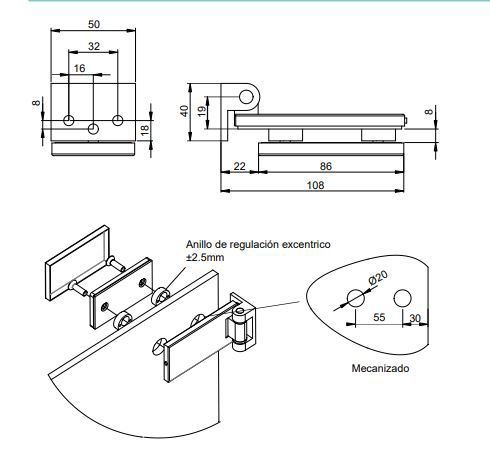 Emuca Bisagra para puerta de cristal con embellecedor, bisagra horizontal con pala de 40mm, para puerta de 8-12mm, aluminio y acero, pintado negro