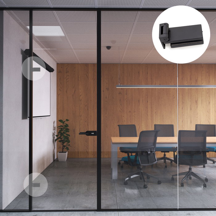 Emuca Bisagra para puerta de cristal con embellecedor, bisagra horizontal con pala de 40mm, para puerta de 8-12mm, aluminio y acero, pintado negro Emuca Bisagra para puerta de cristal con embellecedor, bisagra horizontal con pala de 40mm, para puerta de 8-12mm, aluminio y acero, pintado negro
