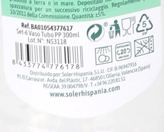 Algon Set de 6 Vasos Tubo PP 300ml 6 x 14.7 cm (70 Unidades)