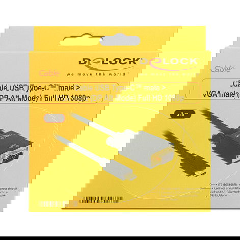 Delock Adaptador USB-C a VGA con Modo DP Alt, 1080p Full HD, Cable 3m, Negro, Referencia DP-Alt Mode