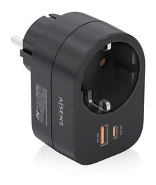 AISENS - REGLETA DE PARED MULTIFUNCION CON 1 TOMA + 1xUSB-C 20W PD3.0, 1xUSB-A 20W QC3.0, NEGRO