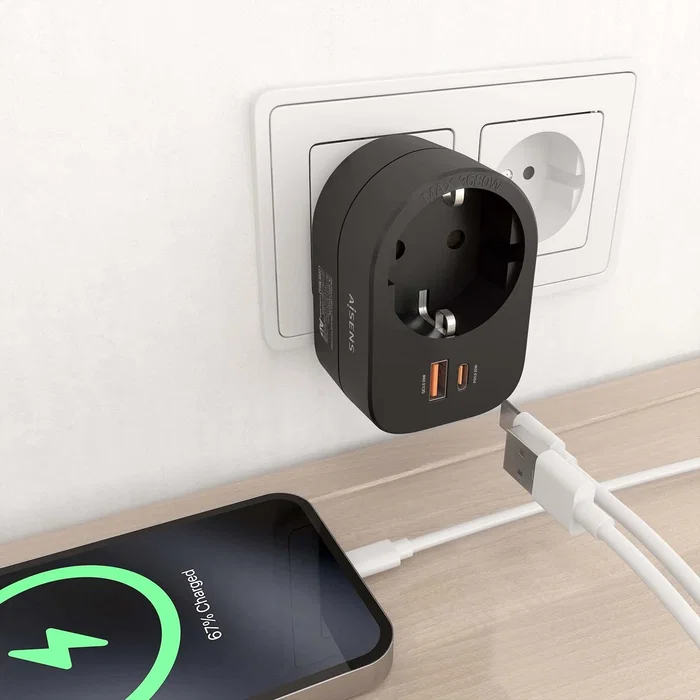 Aisens Regleta de Pared Multifunción ASPS-1A1C07-BK con 1 Toma y 2 USB