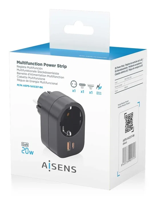 Aisens Regleta de Pared Multifunción ASPS-1A1C07-BK con 1 Toma y 2 USB