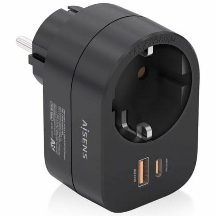 Aisens Regleta de Pared Multifunción ASPS-1A1C07-BK con 1 Toma y 2 Puertos USB Negro