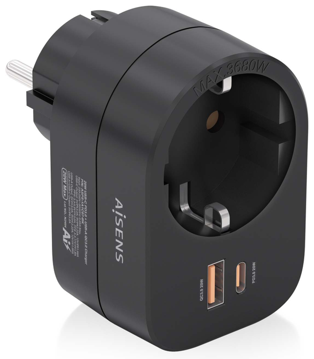 Aisens Regleta de Pared Multifunción ASPS-1A1C07-BK con 1 Toma y 2 Puertos USB Negro