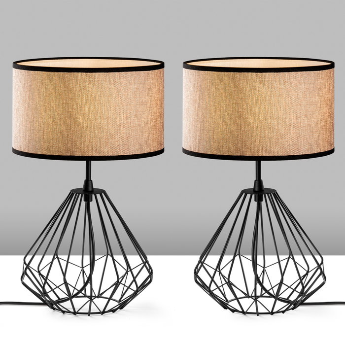 Opviq S-707 Set Lámparas de Mesa Negras Cuerpo Metal Tela Elegantes Modernas 2 Piezas 25x25x43cm
