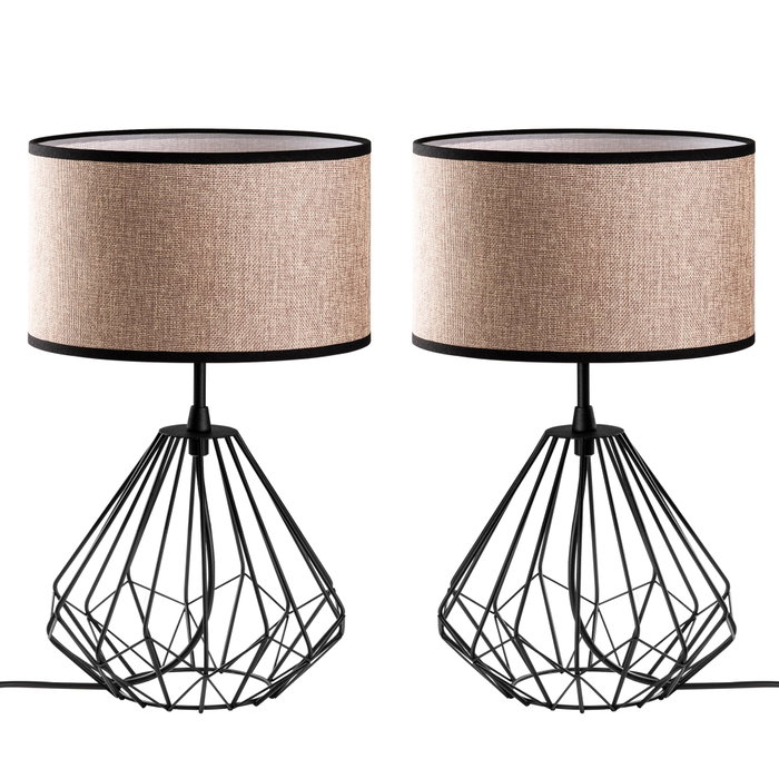 Opviq S-707 Set Lámparas de Mesa Negras Cuerpo Metal Tela Elegantes Modernas 2 Piezas 25x25x43cm