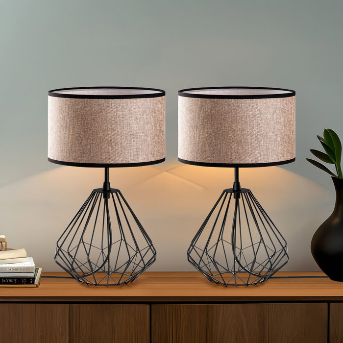 Opviq S-707 Set Lámparas de Mesa Negras Cuerpo Metal Tela Elegantes Modernas 2 Piezas 25x25x43cm