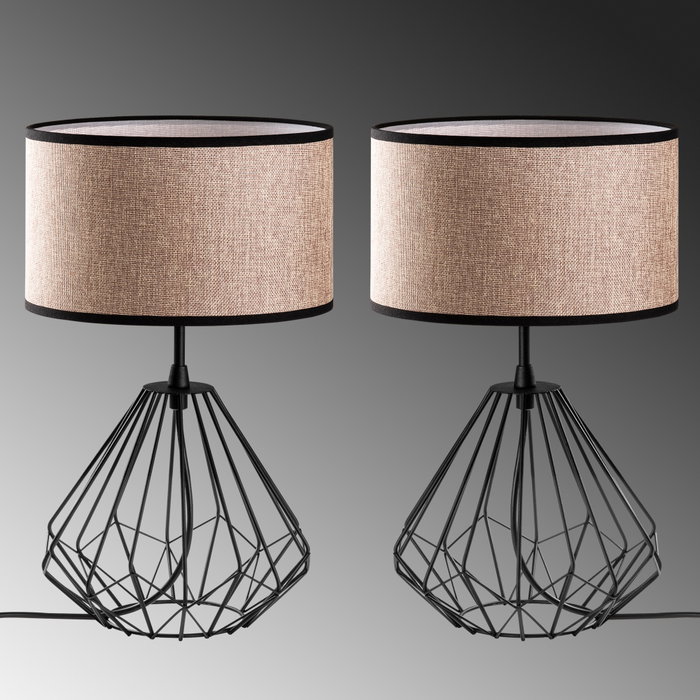Opviq S-707 Set Lámparas de Mesa Negras Cuerpo Metal Tela Elegantes Modernas 2 Piezas 25x25x43cm