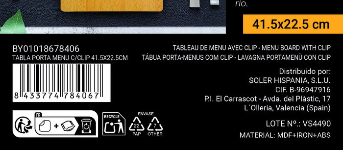 Inde Tabla Porta Menú con Clip 41.5 cm x 22.5 cm (24 Unidades)