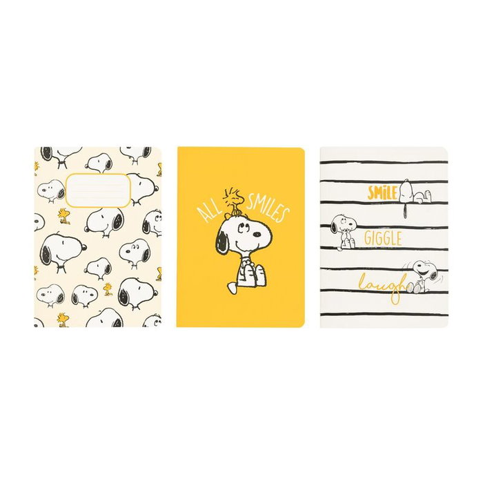 ERIK Set 3 Cuadernos A6 Lazy Days Snoopy Tapa Blanda Diseños Variados Interior Rayado Bullet Liso 32 Hojas