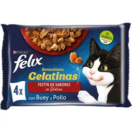 Purina Felix Feline Sensations - Comida Húmeda para Gato Sabor Buey, Pollo y Tomate - 12 Paquetes de 4 Lata de 85 g