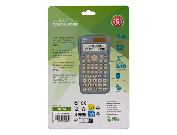 Liderpapel XF34 Calculadora Científica 12 Dígitos 240 Funciones Solar y Pila Tapa Gris
