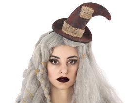 Diadema Sombrero Marrón para Mujer Adulto, Estilo Vintage y Desgastado con Parches, Ideal para Disfraz de Bruja o Halloween Alternativo