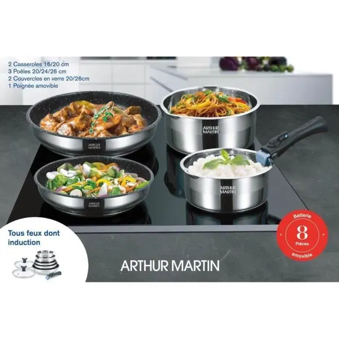 Arthur Martin AM2493 Batería de Cocina de 8 Piezas - Acero Inoxidable - Manija Extraíble - Apta para Todo Tipo de Cocinas, Incluida Inducción Arthur Martin AM2493 Batería de Cocina de 8 Piezas - Acero Inoxidable - Manija Extraíble - Apta para Todo Tipo de Cocinas, Incluida Inducción