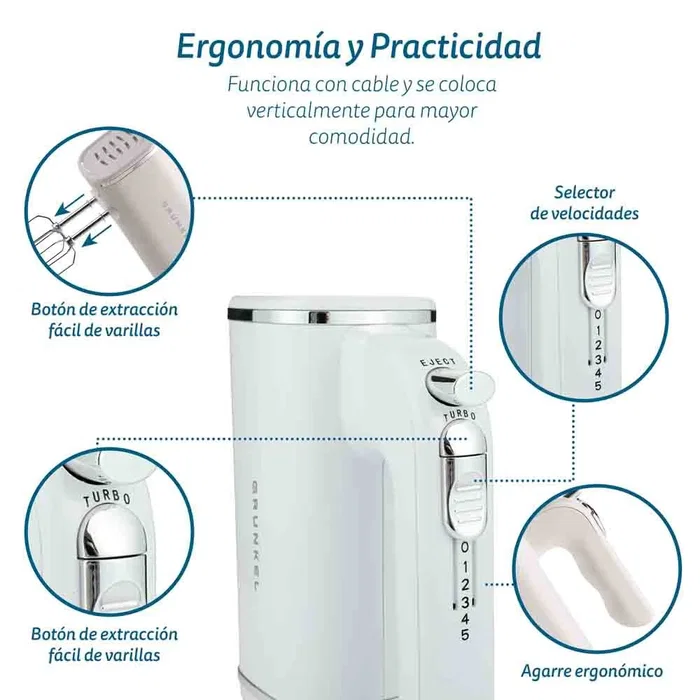 Grunkel AM-25G Batidora Amasadora de Mano 250W, 5 Velocidades con Función Turbo, Color Blanco, con Varillas y Ganchos para Mezclar y Amasar