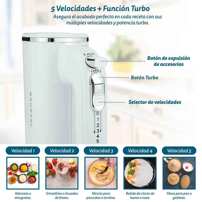 Grunkel AM-25G Batidora Amasadora de Mano 250W, 5 Velocidades con Función Turbo, Color Blanco, con Varillas y Ganchos para Mezclar y Amasar
