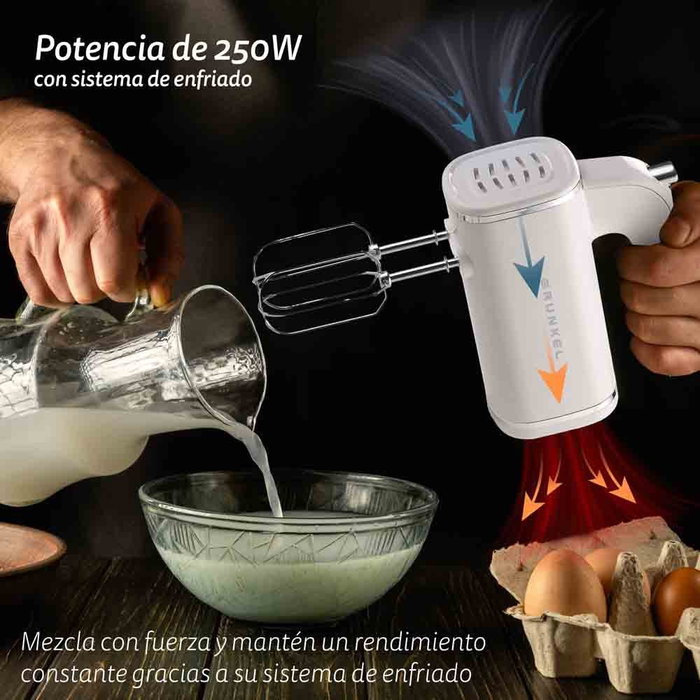 Grunkel AM-25G Batidora Amasadora de Mano 250W, 5 Velocidades con Función Turbo, Color Blanco, con Varillas y Ganchos para Mezclar y Amasar