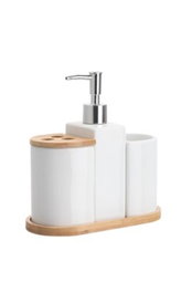 DKD Home Decor Baño Set de 4 Piezas Blanco Natural Dolomite Bambu 10 x 19 x 19.5 cm
