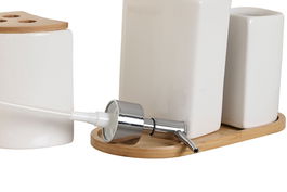 DKD Home Decor Baño Set de 4 Piezas Blanco Natural Dolomite Bambu 10 x 19 x 19.5 cm