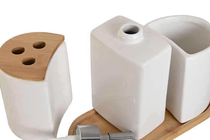 DKD Home Decor Baño Set de 4 Piezas Blanco Natural Dolomite Bambu 10 x 19 x 19.5 cm