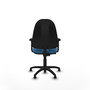 Silla de oficina Algarra con mecanismo Contacto permanente básico tapizada con Similpiel color Azul claro. Equipada con Base poliamida negra, Brazos 2Dy Topes