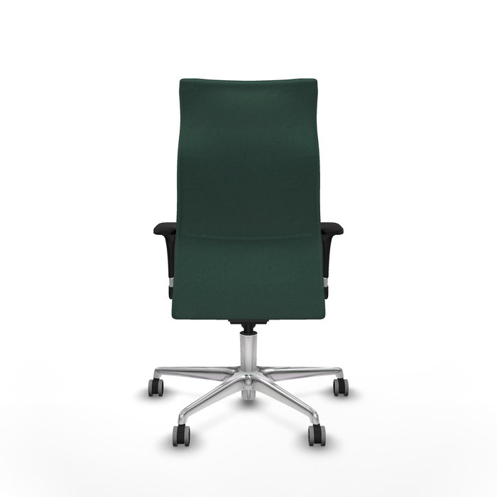 Sillón Albacete con mecanismo Sincro tapizada con Tela color Verde botella. Equipado con Base aluminio, Brazos 1D y Ruedas 65 mm parqué