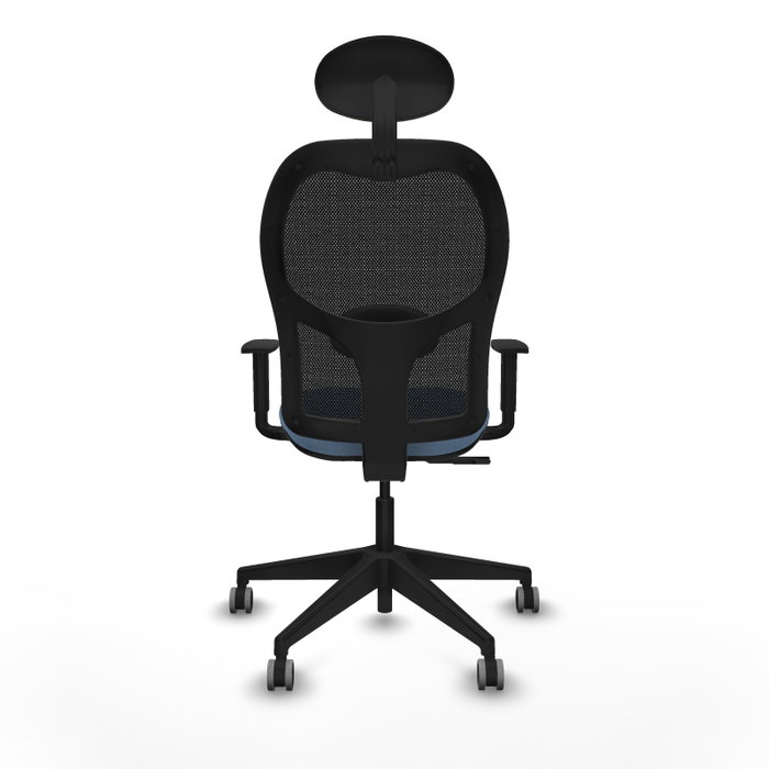 Silla de oficina Alocén con mecanismo Sincro tapizada con Tela color Azul cielo y malla color Negro. Equipada con lumbar 1D, Brazos 1D, Cabecero Fijo y Ruedas 65 mm parqué